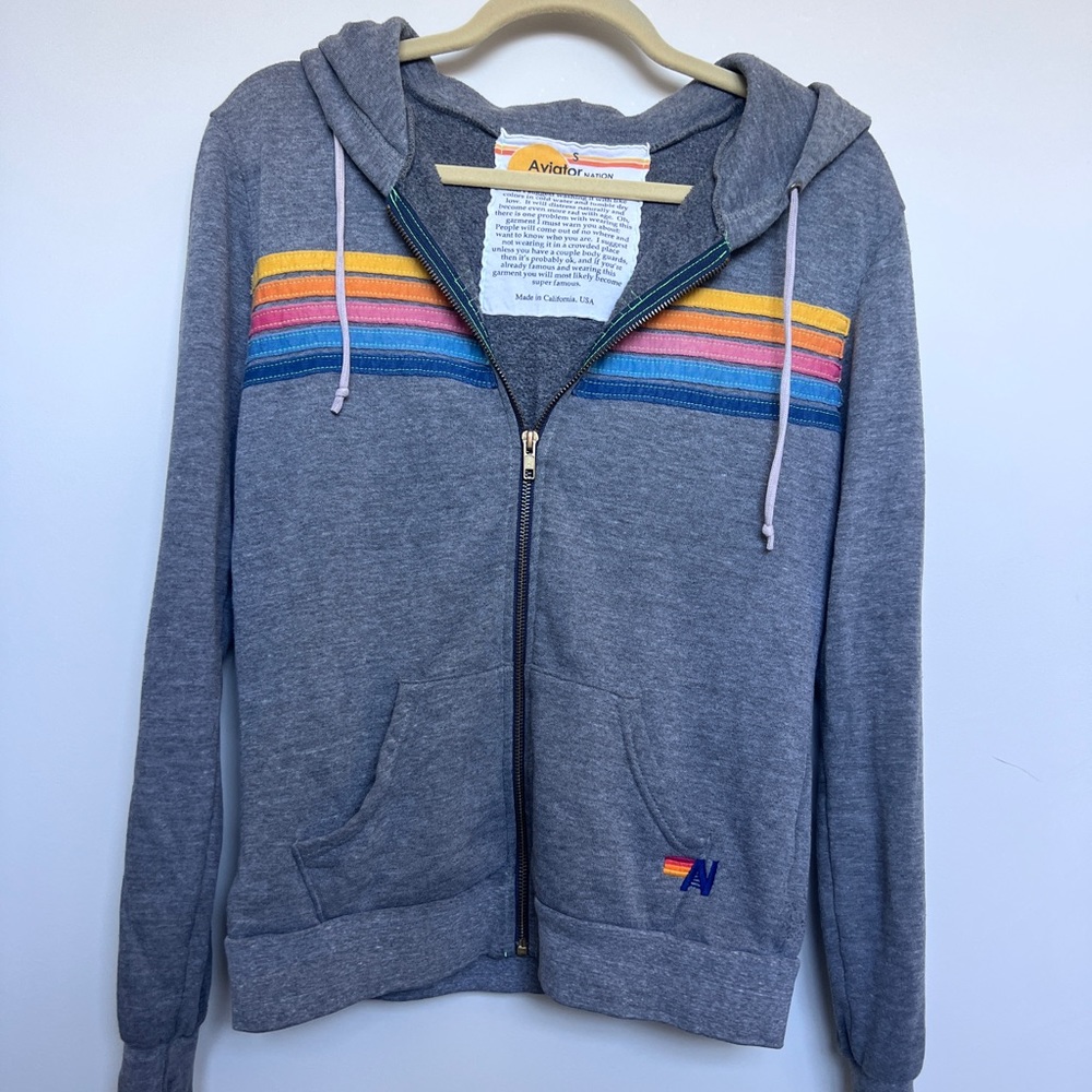 AVIATOR NATION 5 Stripe Rainbow Full Zip Hoodie, Heather Grey, Womens Size Small